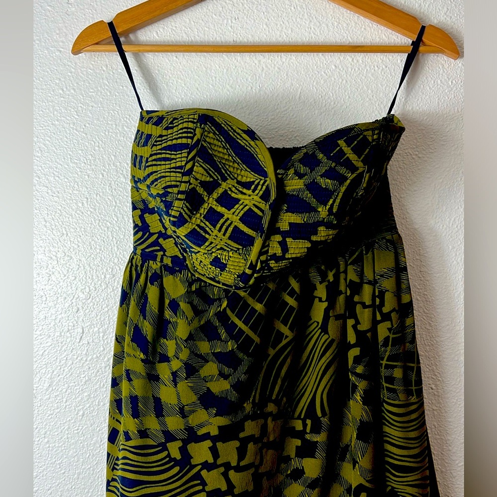 Maple 100% silk traess dress in an olive & navy abstract pattern 6
